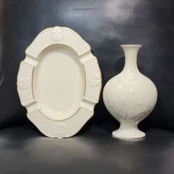 Vtg Lenox Aegean 2 Pc Set 24K Gold Trim Oval Shell Dish & Bud Vase Discontinued