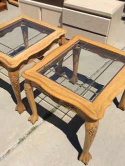 2 Matching Hand Carved Victorian Style Glass Top end/lamp tables! Decent Condition