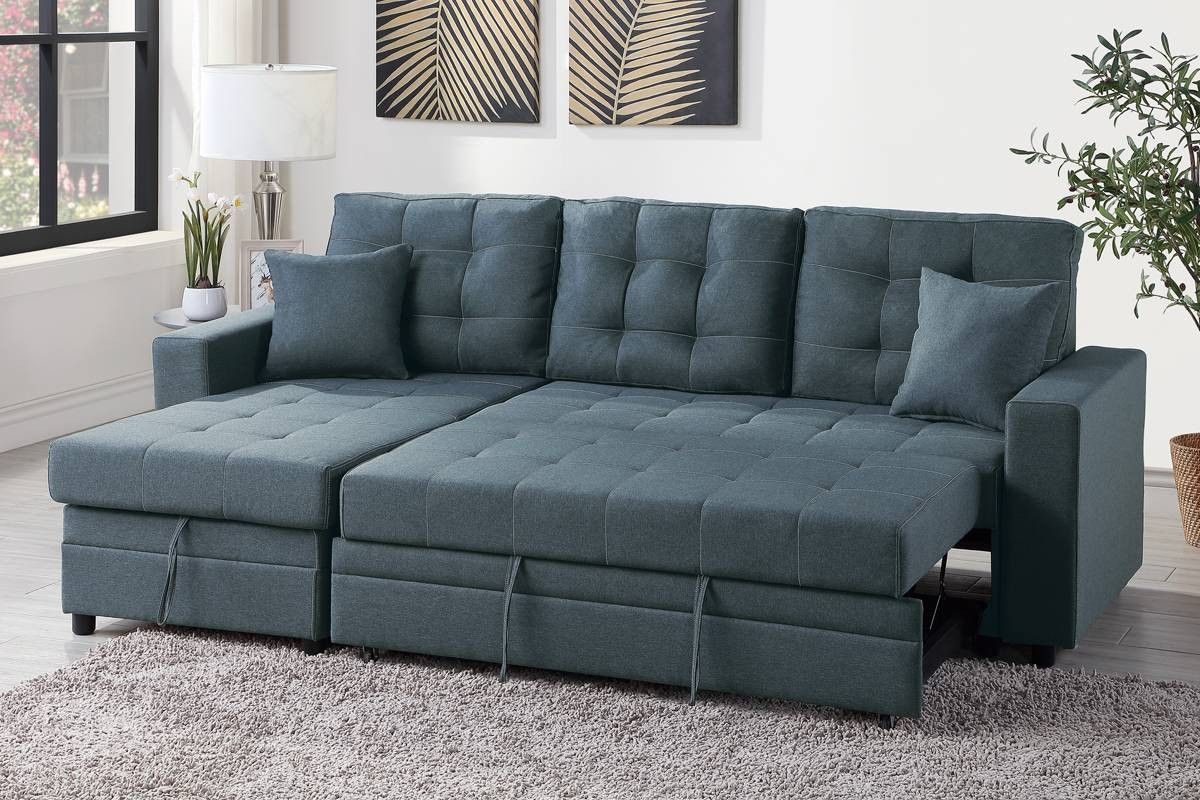 2 Pieces Blue Gray Sectional Set/ Convertible Sofa