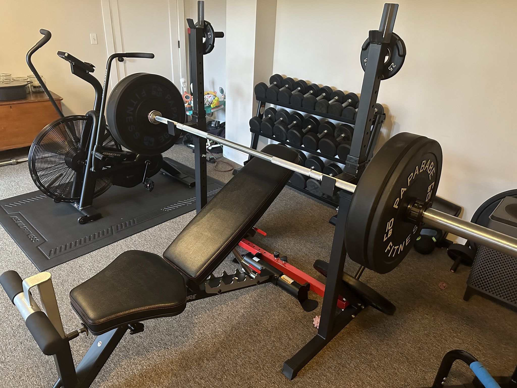 Bench With Squat Rack, Weight Plates, Barbells,  Curl Attachments