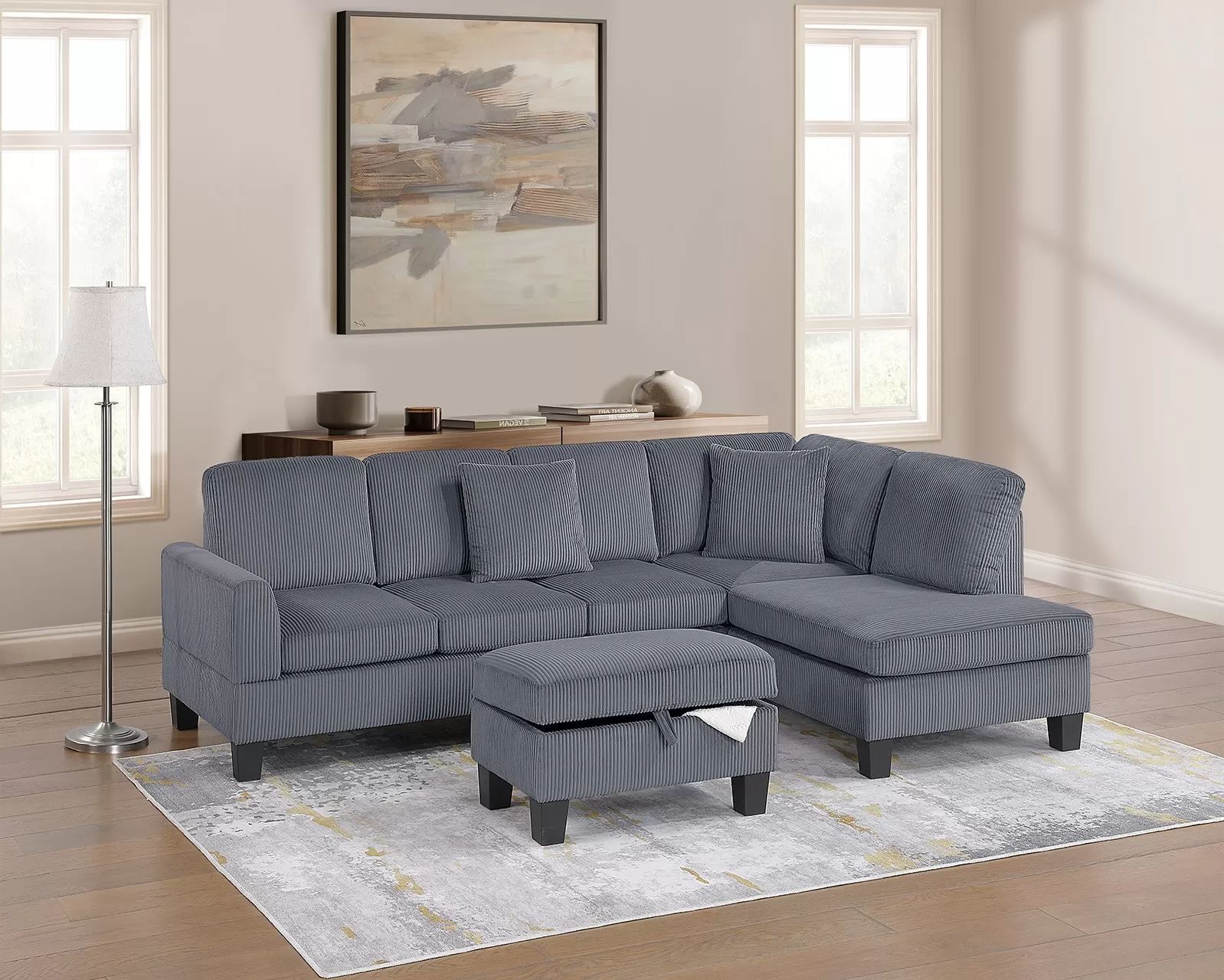 Sectional Sofa W Ottoman  Dark Grey Corduroy fabric, New Especial  price 
