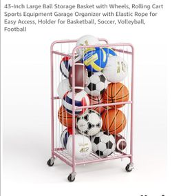 43-Inch Large Ball Storage Basket with Wheels, Rolling Cart Sports Equipment Garage Organizer with Elastic Rope for Easy Access, Holder for Basketball
