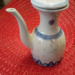 Vintage CX78 CHINA SAKI BOTTLE w LID Soy Sauce Rice Eye Blue Porcelain