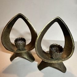 Mid-Century Modern Brass Candlestick Holders- a Pair 4 1/2 Inches