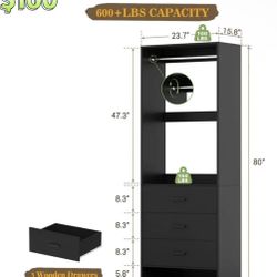 ✌️ 2FT Closet System with 3 Drawers, 24’’ Closet Organizer, Wood Closet Organizer System, Walk-in Closet or Small Closets Wardrobe, Clothes Rack 