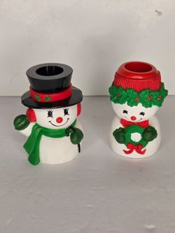 Vintage Hallmark Mr. & Mrs. Kitschy Snowman Holiday Candle Holders Set