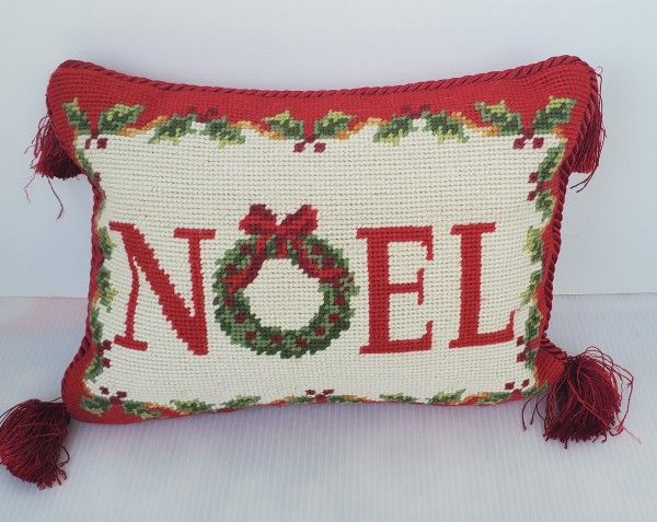 NOEL Needlepoint Pillow Christmas Colonial Williamsburg Tassels Holiday Wool 12"