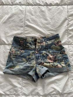 Floral Print Denim Shorts with Cuffed Hem