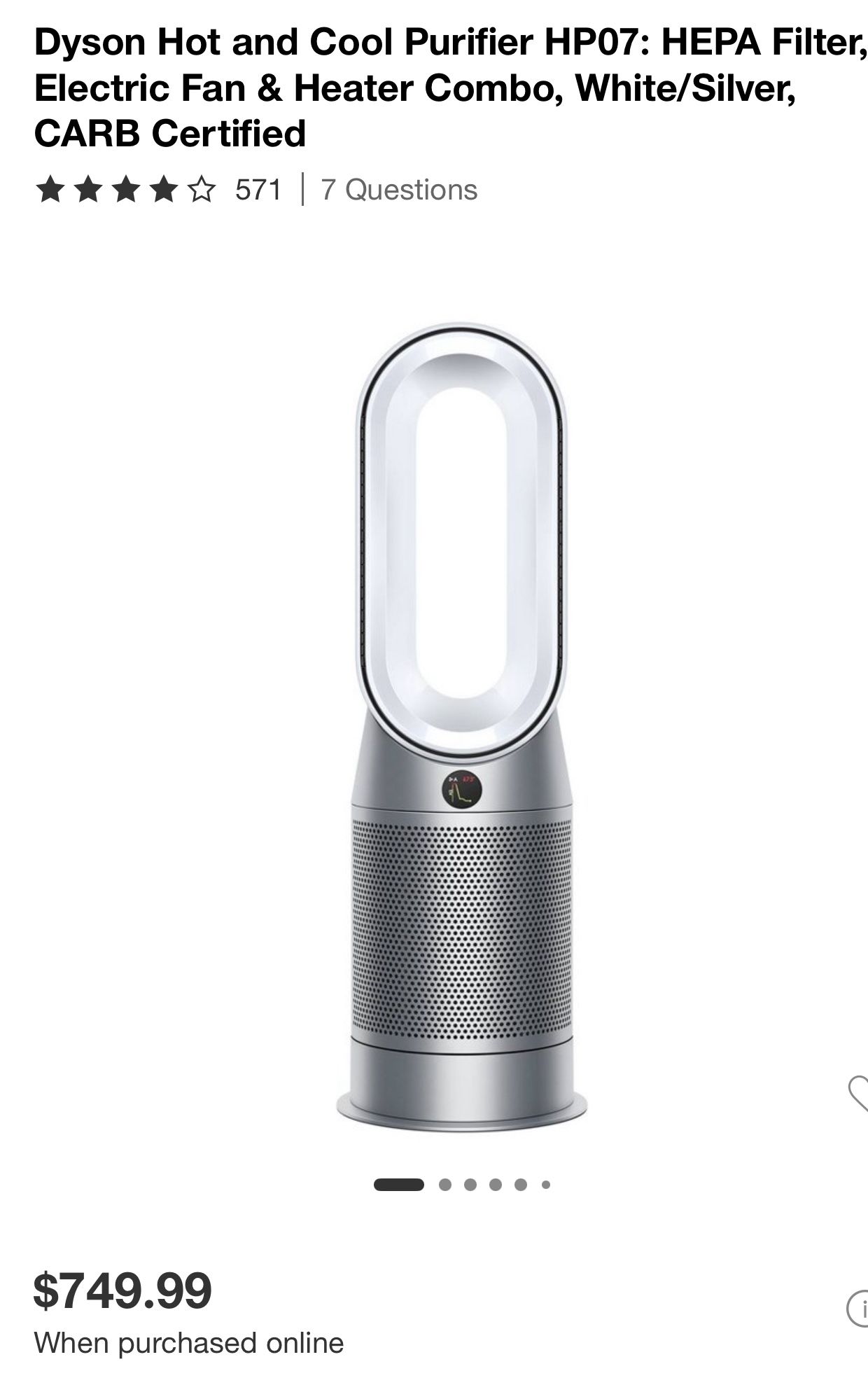 Dyson Hot and Cool Purifier HP07: HEPA Filter, Electric Fan & Heater Combo, White/Silver Retail $750+tax @ Store