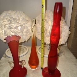 3 Red Collectible Vases Bundle. One AMBERINA LE Smith cadmium Glow
