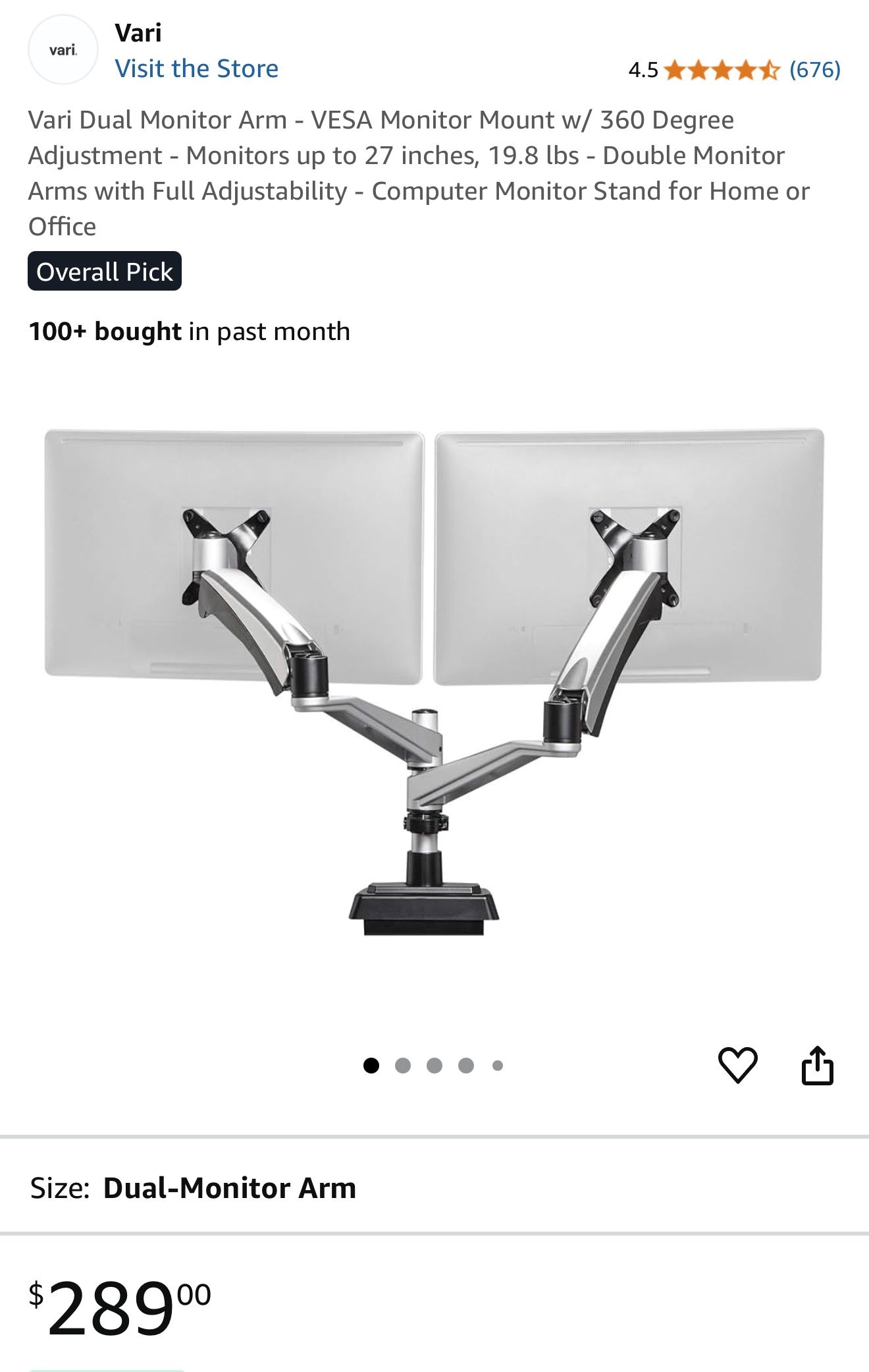 VariDesk Vari Dual Monitor Arm VESA Monitor Mount w/ 360 Degree Adjustment Computer Monitor Stand for Home or Office