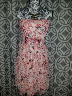 Pink Floral Ruffled Strapless Dress