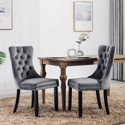 Set Of 2 Velvet Fabric Dining Chairs Luxury Tufted Back with Nailed Trim and Back Ring Pull Home Kitchen Armless Accent Side Chairs 