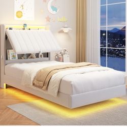 Jocoevol Full Size Floating Bed Frame with Ergonomic Hidden Storage Headboard and LED Lights, Visual Floating LED Bed Frame with Charing Station, Velv