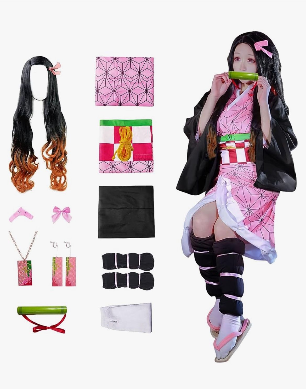 Nezuko Cosplay Costume Kimono for Kids Adults Robe Japanese Anime Costume Halloween Kimono Outfit With Wig