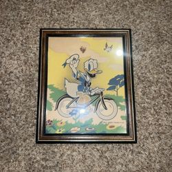 Vintage Walt Disney Productions Donald Duck Riding Bicycle Print 8x10 framed 