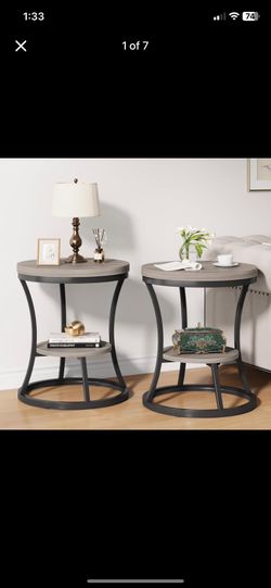 Round End Table Set of 2, 2 Tier Industrial Side Table, Accent Bedside tables