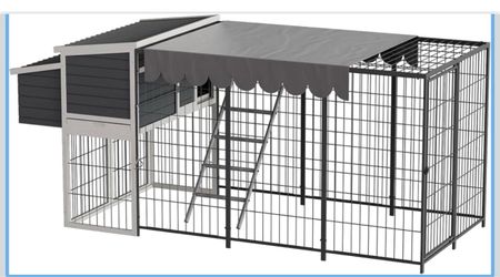 90“ Wooden Gray Chicken Coop Large Metal chicken run with Nesting Box, Pull-on Tray, Waterproof Roof, Ramp and Chicken Perch for Backyard