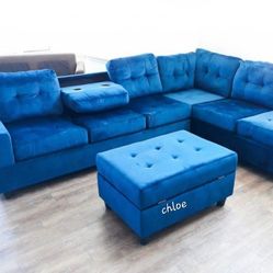 
÷ASK DISCOUNT COUPON😎 sofa Couch Loveseat Living room set sleeper recliner ÷ Hheg Blue Velvet Reversible Sectional  With Ottoman , Colour Options 