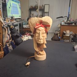 Vintage Hand Carved Solid Wood Woman's Bust Folk Art Sculpture - Mid Century Tribal Style W/Geometric Features 10.5"H x 5.75"W