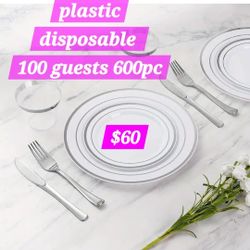 Dinnerware Plastic disposable , White And Silver Trim 600 Pc For 100 People See All Images