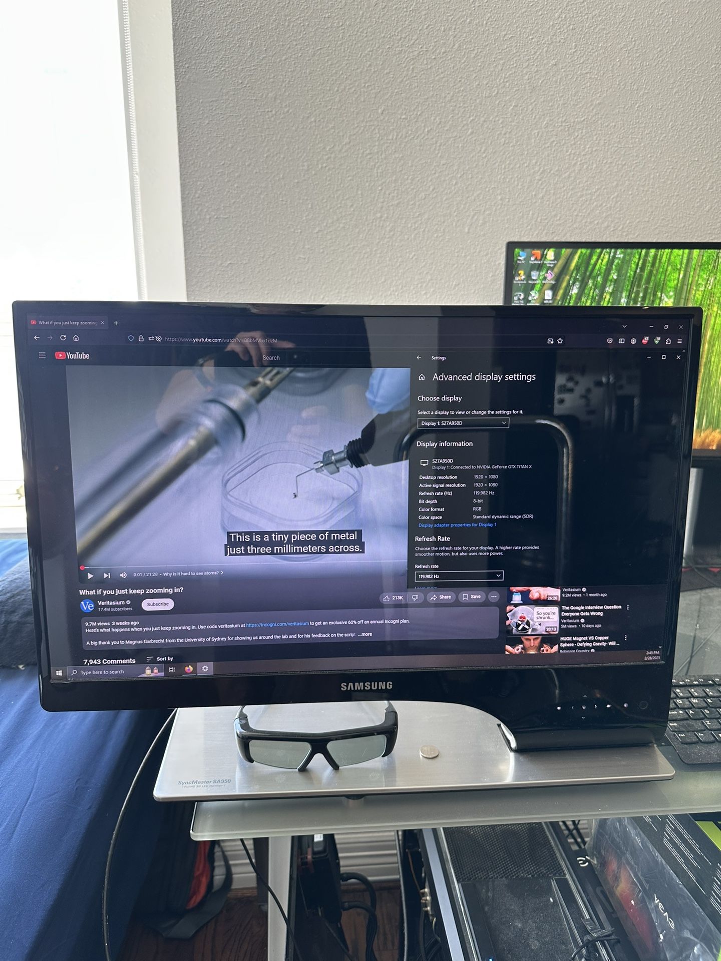 27" Samsung S27A950D 3D 1920x1080 120 hertz monitor with 3D glasses