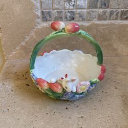 Vintage Fitz And Floyd Ceramic Easter Basket Ribbons & Bows Candy Dish