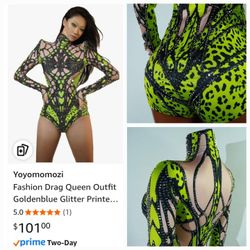 Fashion Goldenblue Glitter Printed Bodysuit Pole Dance Leotard Sexy Party Nightclub Celebrate Drag Queen Outfit, One Size fits Most