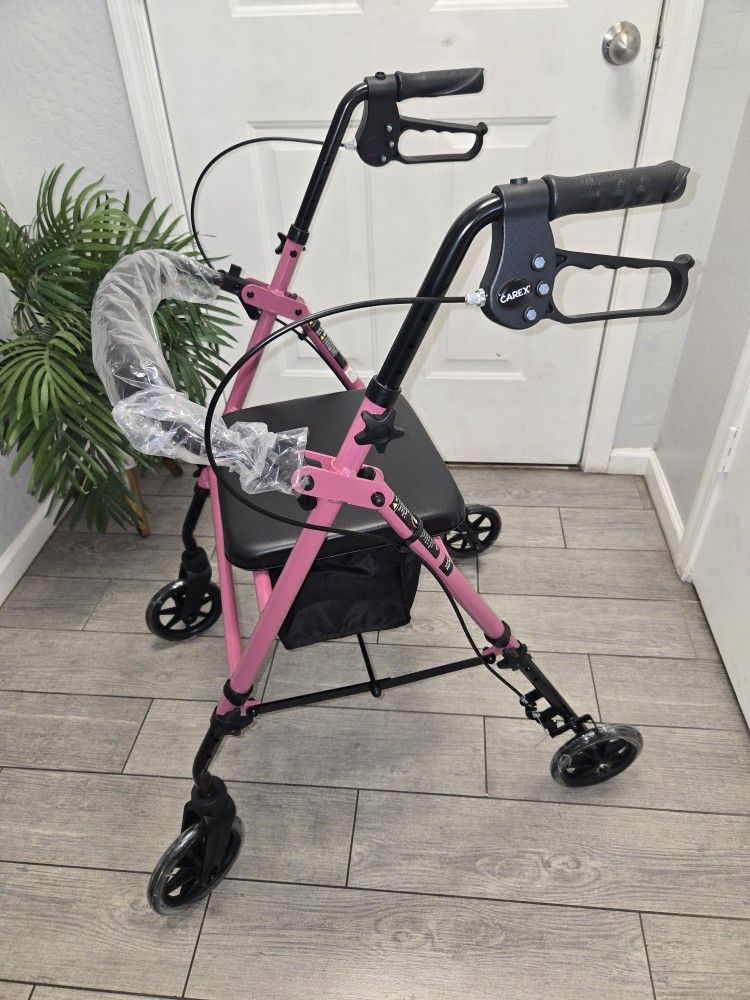 Carex Step 'N Rest Aluminum Rolling Walker For Seniors, Pink - Rollator Walker With Seat , Andador