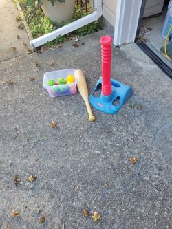 Kids t ball bat, holder and balls