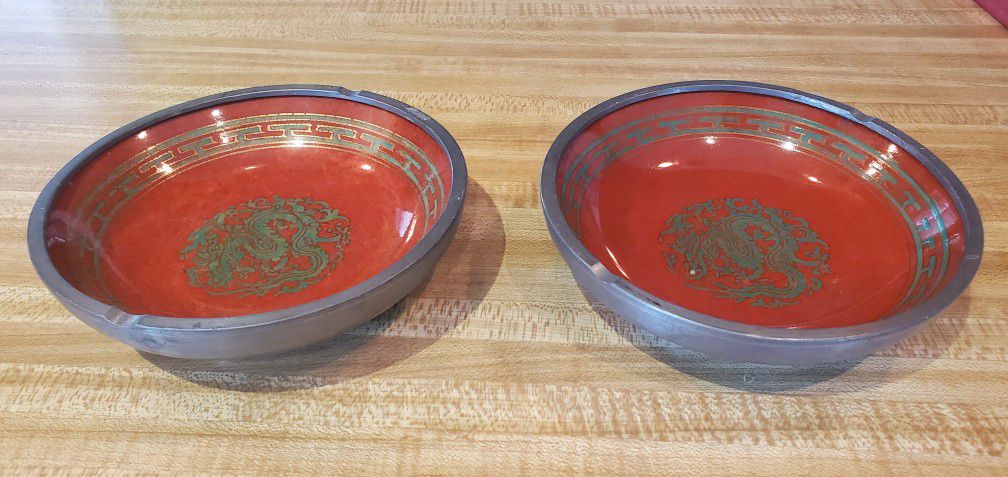 Vintage Japanese hand painted porcelain and pewter ashtray pair.