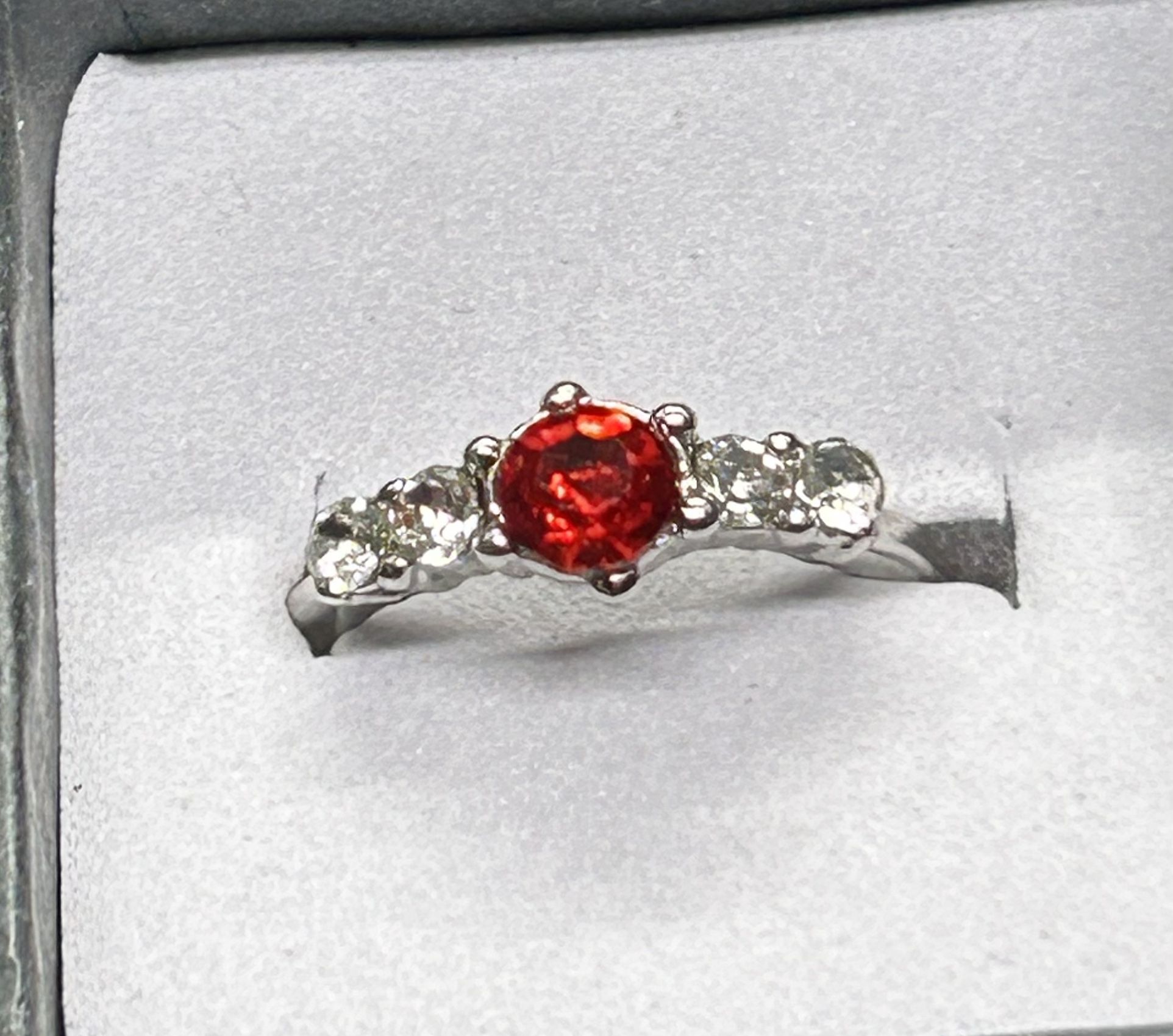 Beautifully Simple Silver Tone Ring w/ Red & Clear Stones