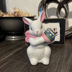Porcelain Bunny With Pink Bow Holding Easter Egg