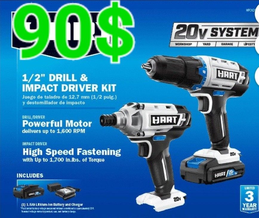 HART 20 Volt Cordless Piece 1/2 inch Drill and Impact Driver