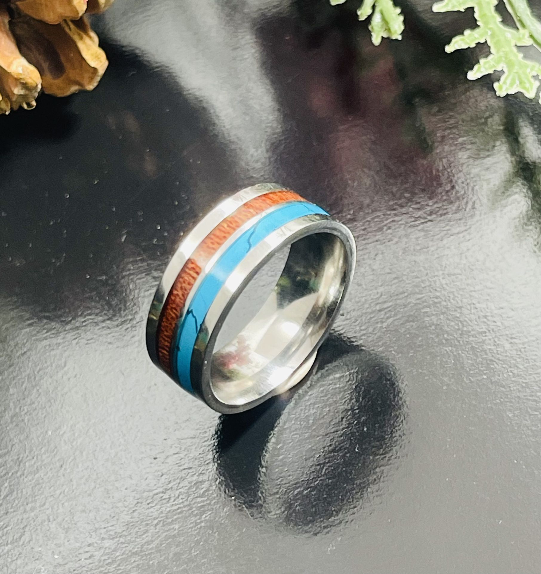 Wedding Band Style Size 10 stainless steel wood inlay with turquoise 