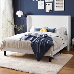  Queen Size Bed Frame with Upholstered Wingback Headboard, Vertical Channel Tufted Corduroy Velvet Platform Bed, Strong Wooden Slats Support, No Box S