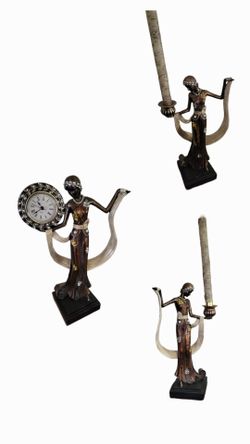 Art Deco Lady Figurine Clock and Candleholder Set