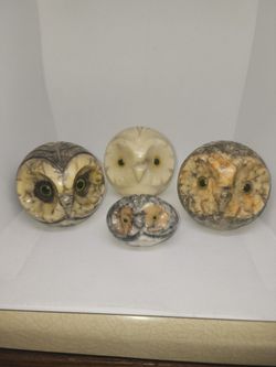 Large & 1- small NACOWARE, ALABASTER   OWL PAPER WEIGHTS.