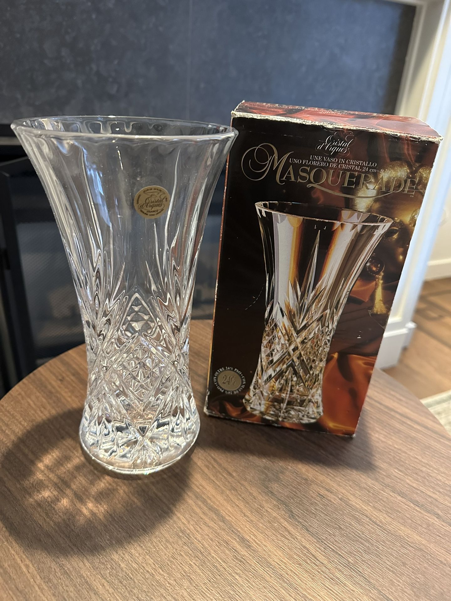 Vintage Masquerade 24% Lead Clear Crystal Large Flower Vase 9 1/2" Tall