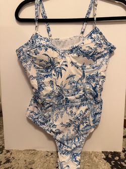 Blue and White One-Piece Swimsuit with Cover Up