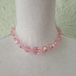 Vintage Pink Aurora Borealis Necklace Choker Crystal Glass Bead Gold Tone 16.5"