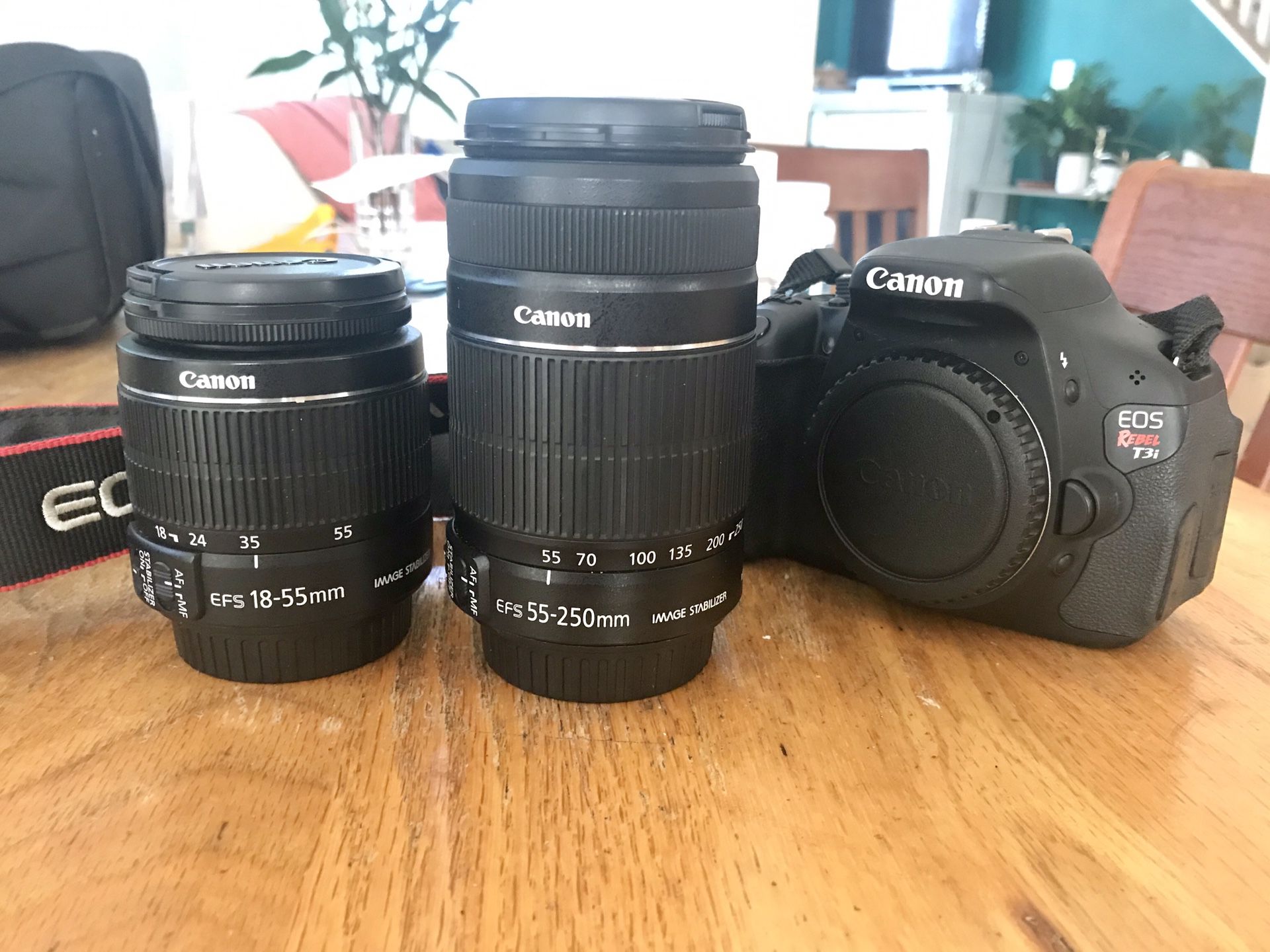 Canon rebel t3i with two lenses and bag