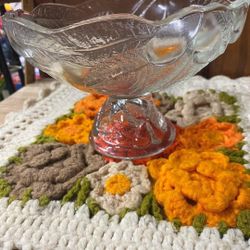 Glass Fruit Bowl or candy dish With Fruit & Leaf Pattern on Pedestal