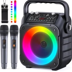 Portable Bluetooth Speaker with 2 Wireless Microphones for Adults & Kids with Lights, Karaoke Microphone with PA System Supports USB/TF/REC/FM/AUX for