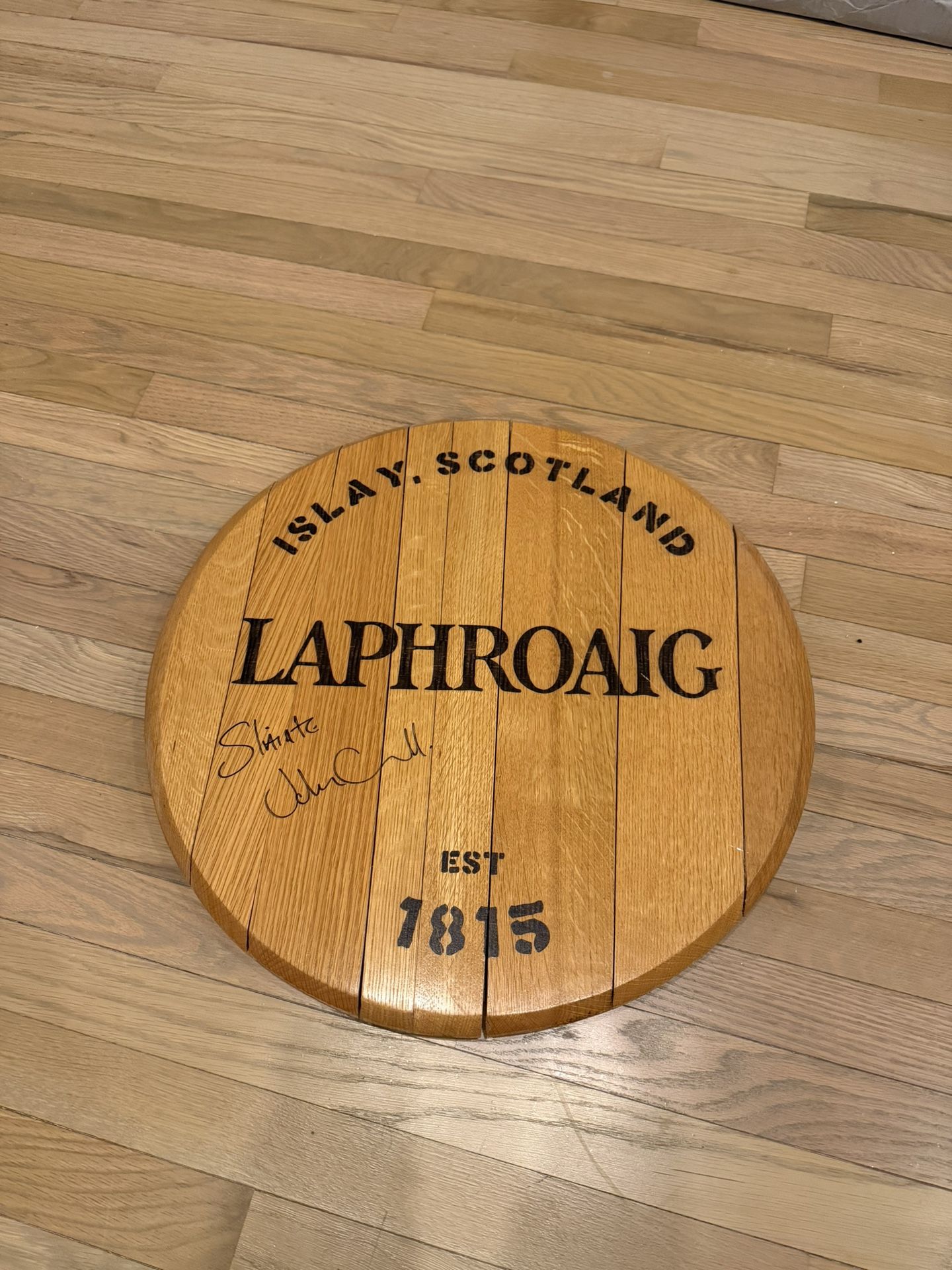Laphroaig Finished Whiskey Barrel Signed John Campbell Top Barrel Head  Man Cave