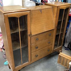 Vintage Oak curio Secretary desk with key
