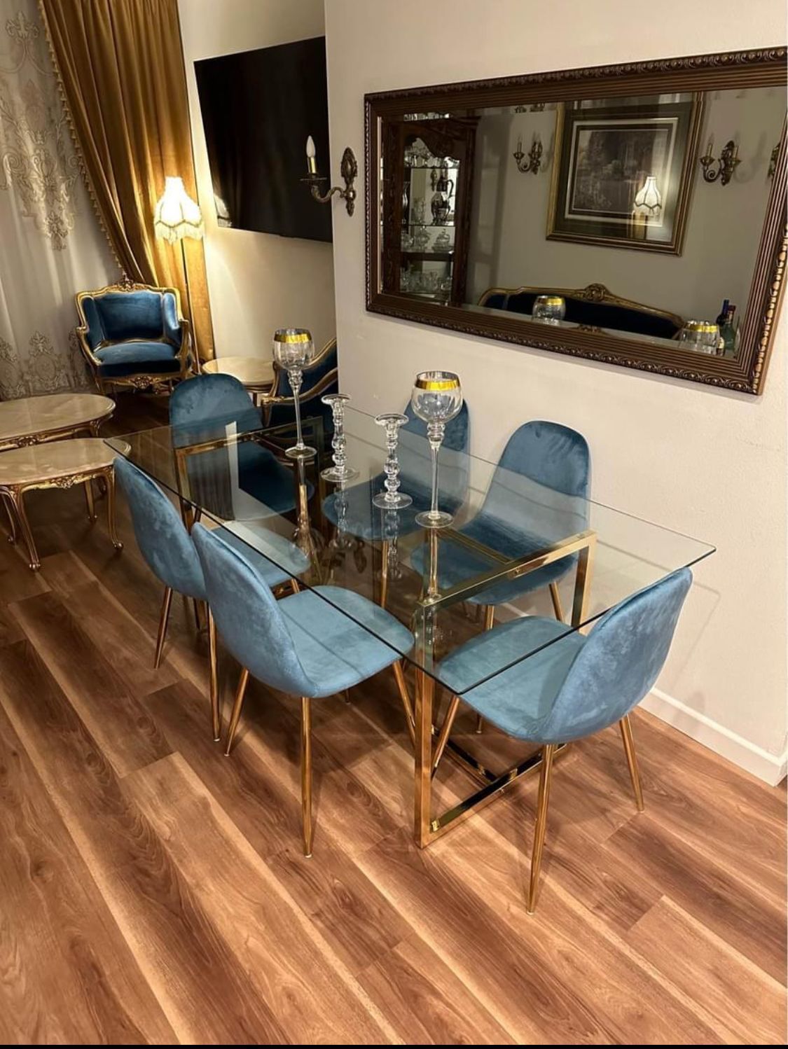 Big Glass Dining Table and 6 Blue Velvet Chairs