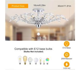 Frozen Crystal Branch Close to Ceiling Light Chrome Silvery Vintage Chandelier with 5-Light Heads, Modern K9 Crystal Chandelier for Dining Room Living