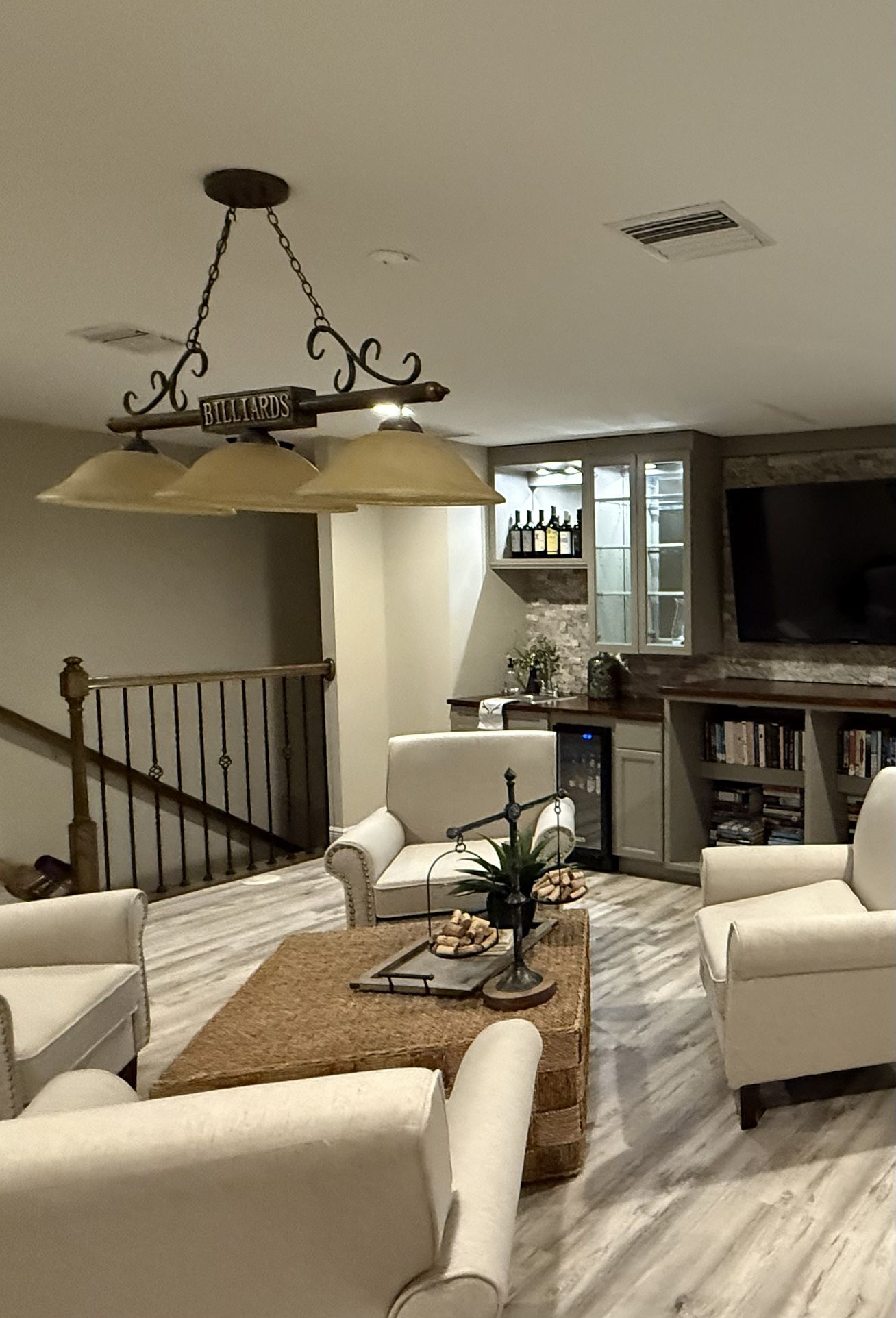 Billiards light fixture and two Wooden Half Moon Wooden Shelf Tables