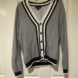 Brooks Brothers Supima Cotton Cardigan – Navy/White Stripe – Size L